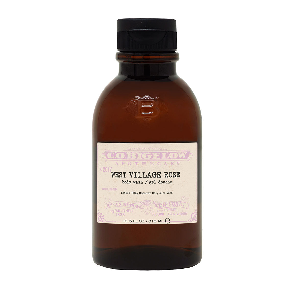 C.O. Bigelow Iconic Collection - West Village Rose Body Wash No. 2017 in an Amber bottle in front of a white background.