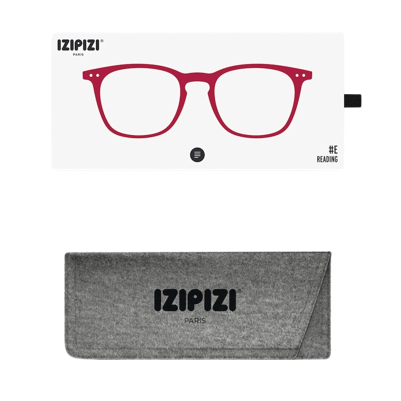 Red glasses with a gray case on a white background, featuring the IZIPIZI brand.