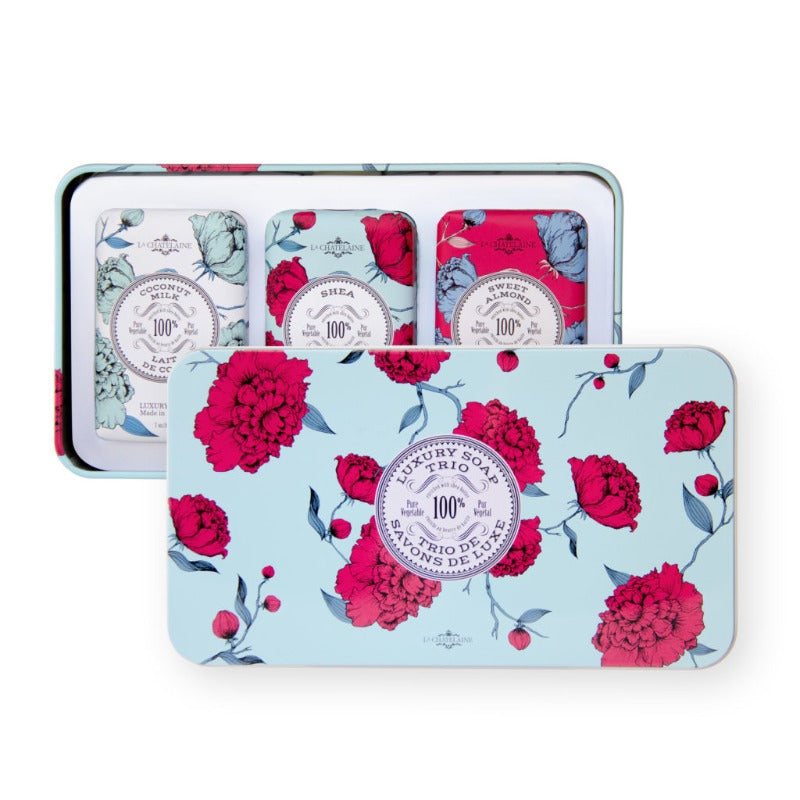 Light blue with red flowers gift tin with three Luxury bar soaps: Sweet Almond, Shea and coconut milk.