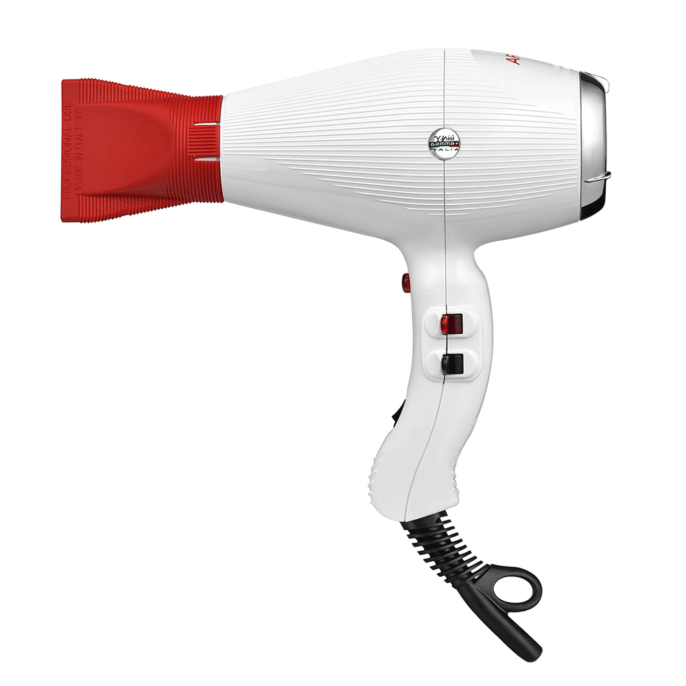 A white Gamma Blow Dryer with red accents, made by Arrojo, with a power cord.