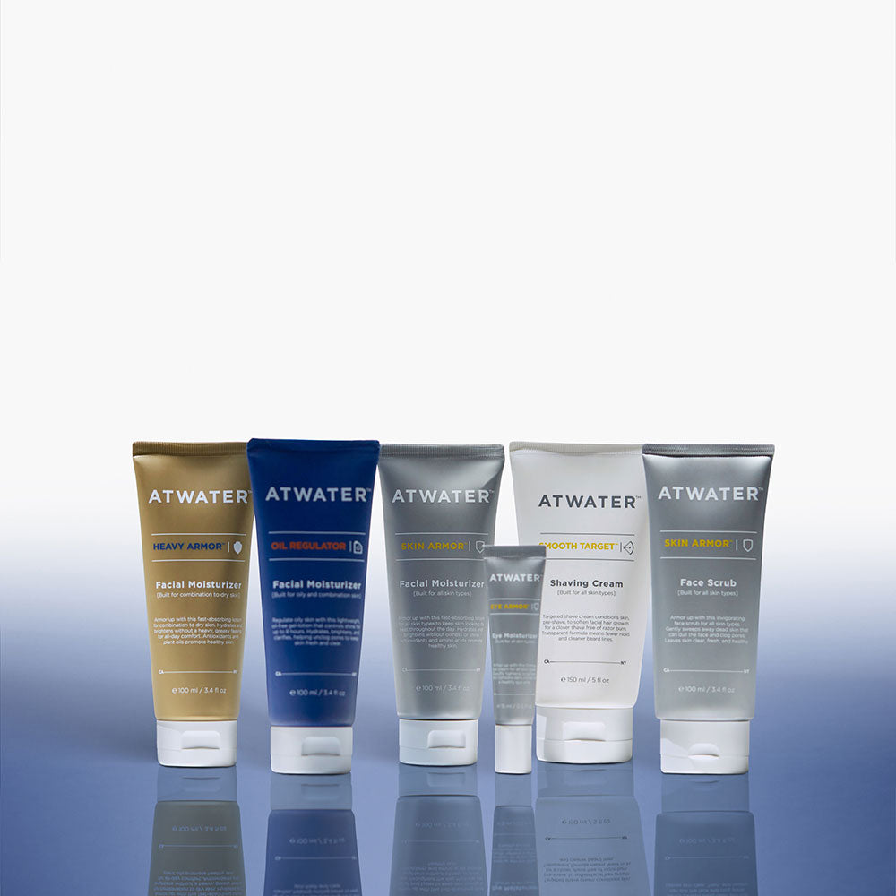 Various Atwater products on a reflective surface
