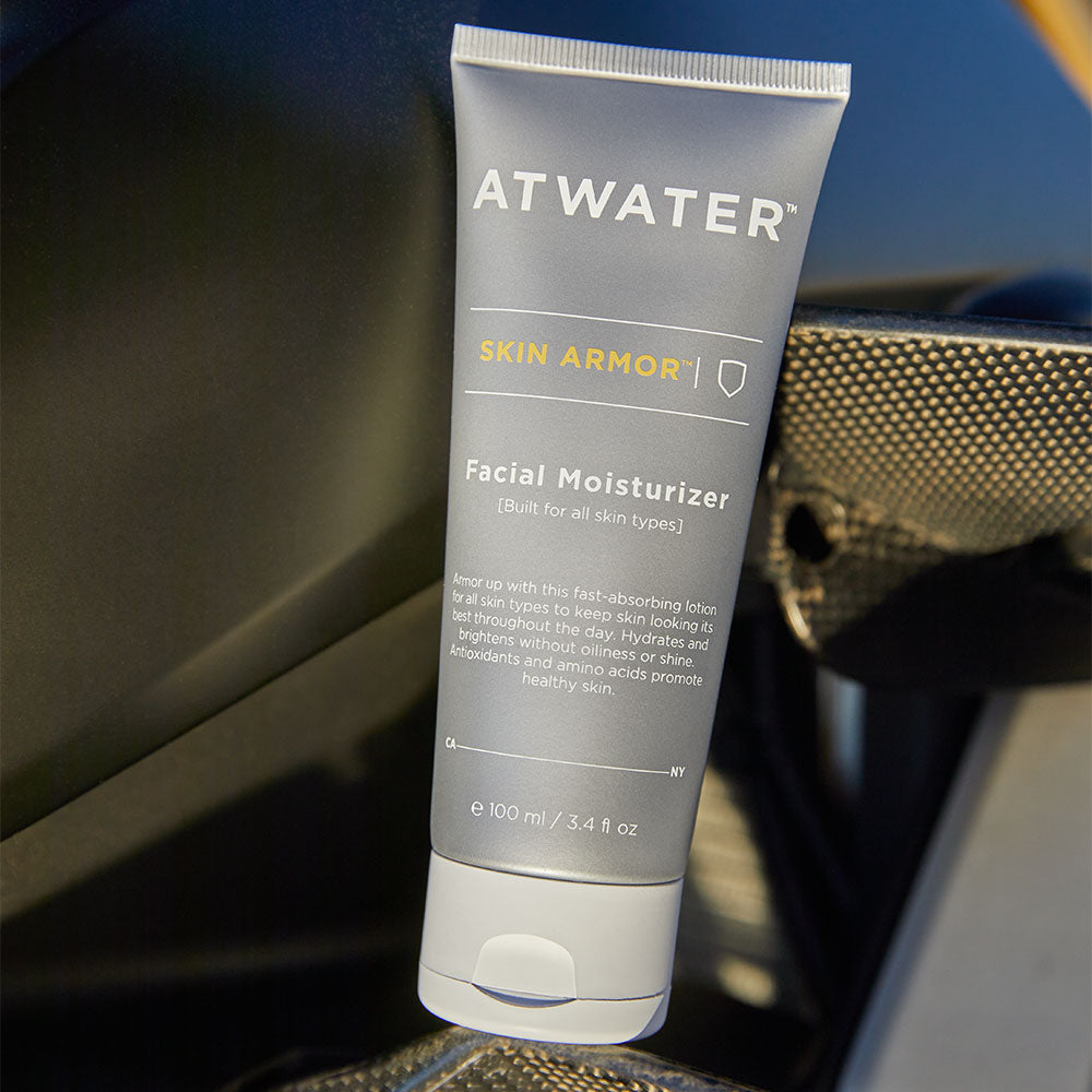 A tube of ATWATER Skin Armor Facial Moisturizer, designed for all skin types.