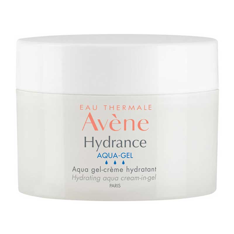 A white jar of Avene Hydrance Aqua-Gel moisturizer with a blue and red label.