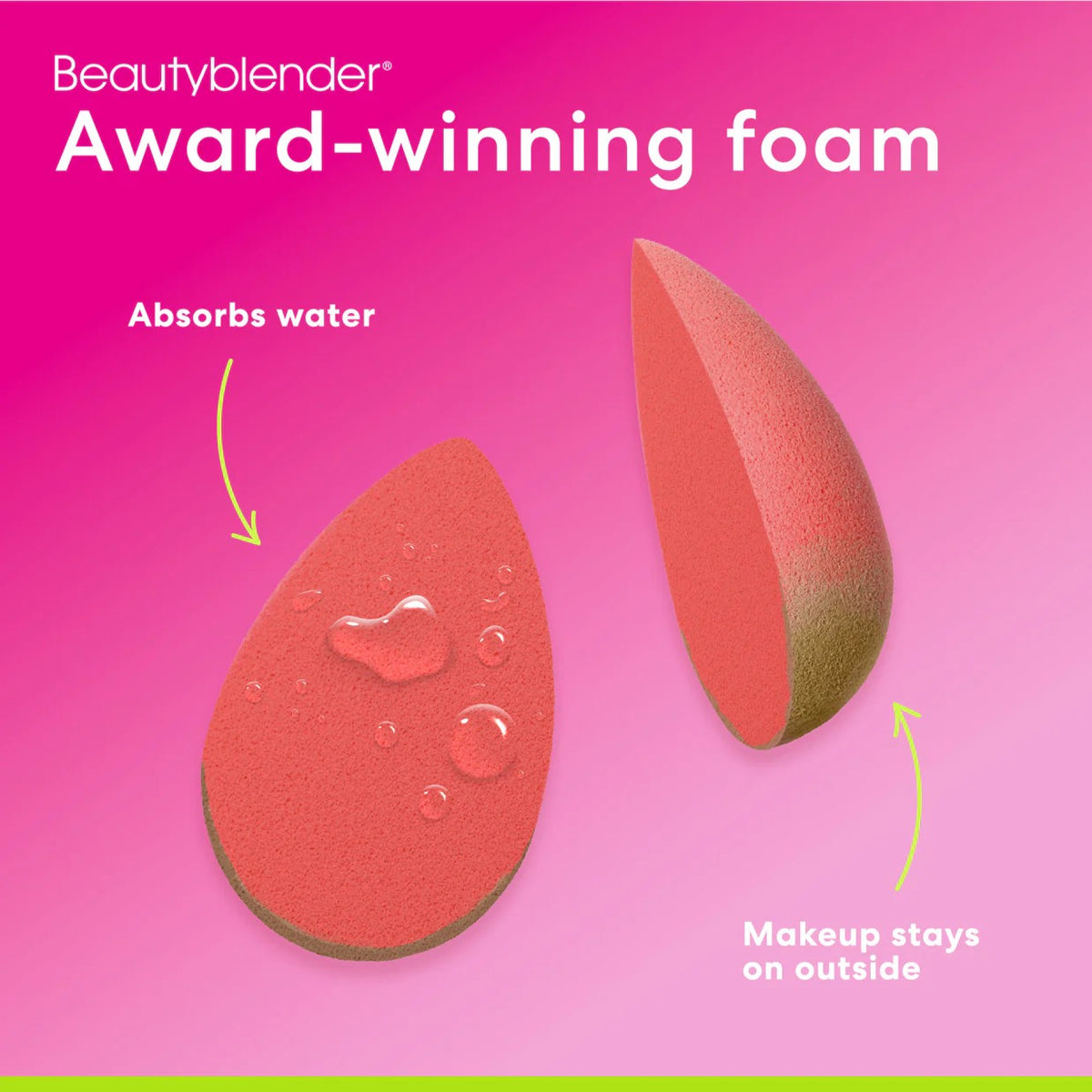 Beautyblender with text on a pink background