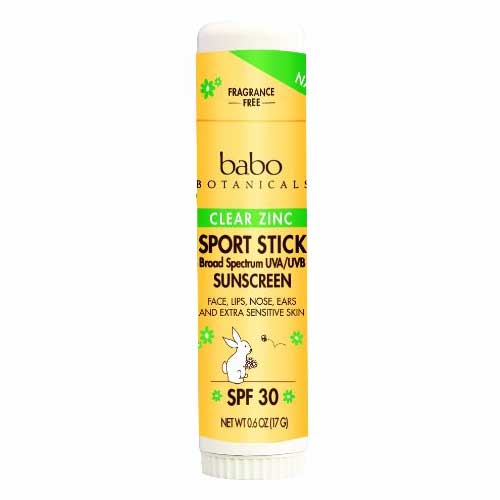 A tube of Babo Botanicals Clear Zinc Sport Stick SPF 30, indicating it is fragrance-free and has broad spectrum UVA/UVB protection.