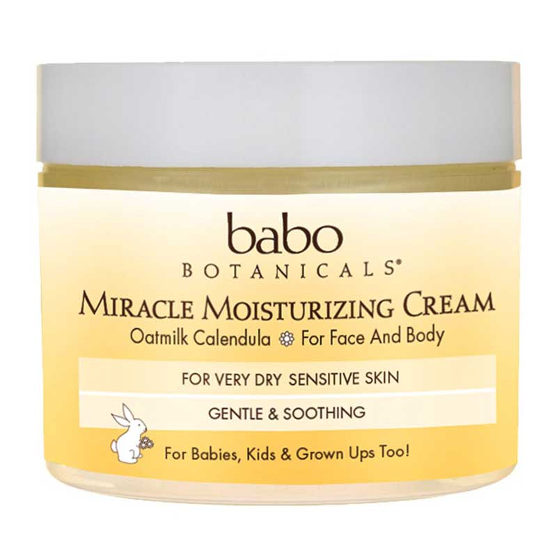 A jar of Babo Botanicals Miracle Moisturizing Cream, labeled for face and body use, suitable for very dry sensitive skin.