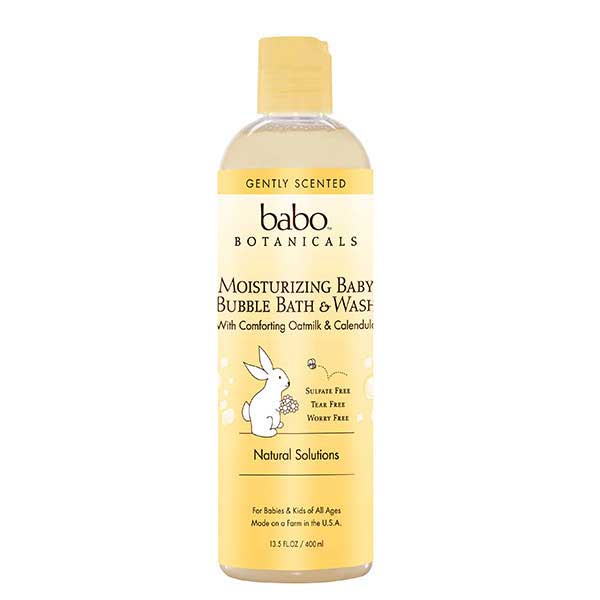Babo Botanicals Moisturizing Baby Bubble Bath & Wash bottle with a rabbit graphic and text detailing the product's benefits such as 'Gently scented', 'Sulfate Free', and 'Moisturizing'.