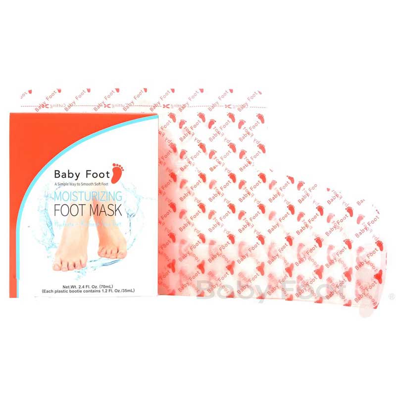 Baby Foot Moisturizing Foot Mask next to its packaging with image of feet and product details.