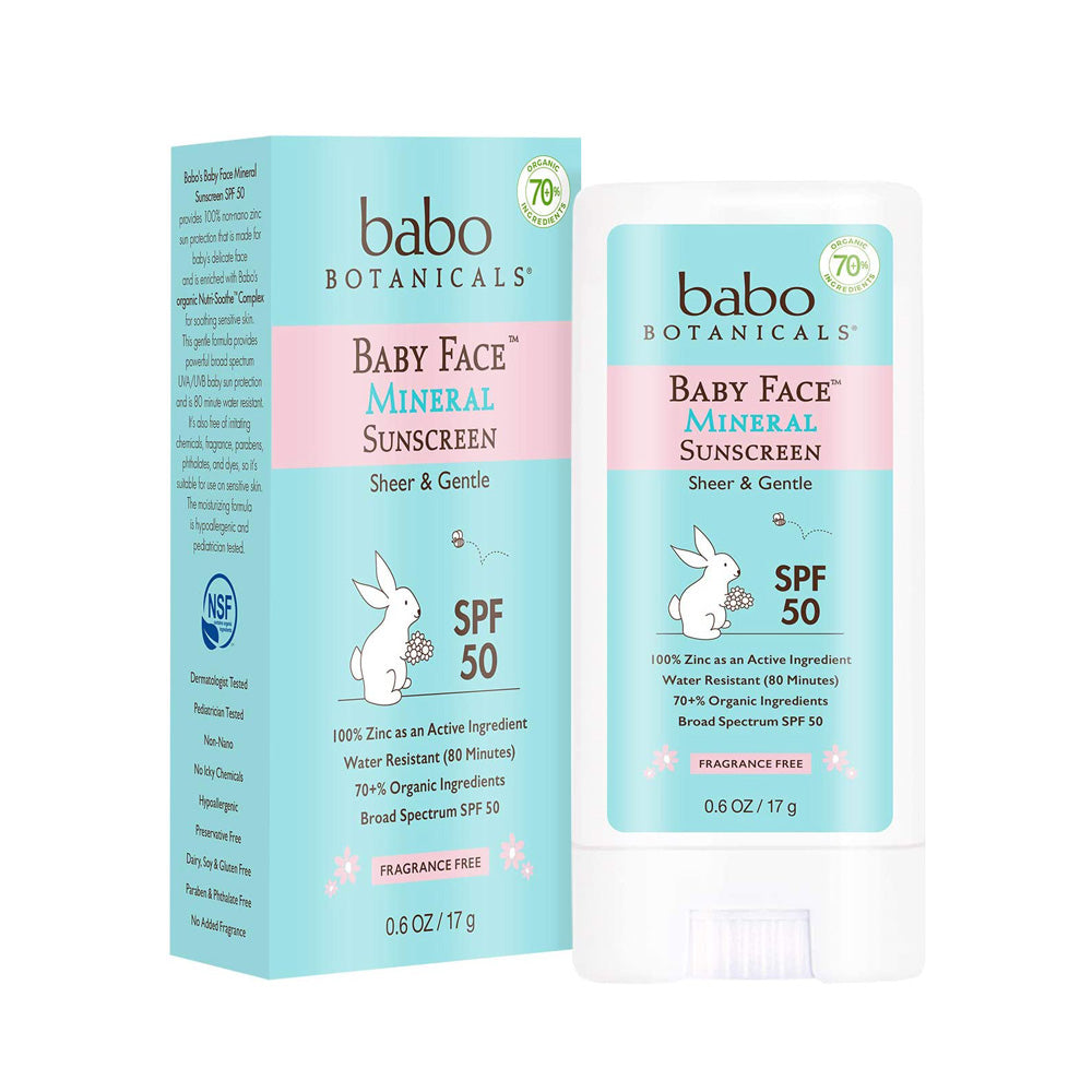 Baby Face - SPF 50 Mineral Sunscreen Stick next to its packaging
