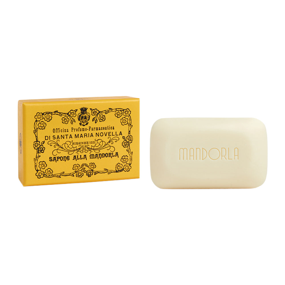 Santa Maria Novella Mandorla (almond) soap shown next to its box.