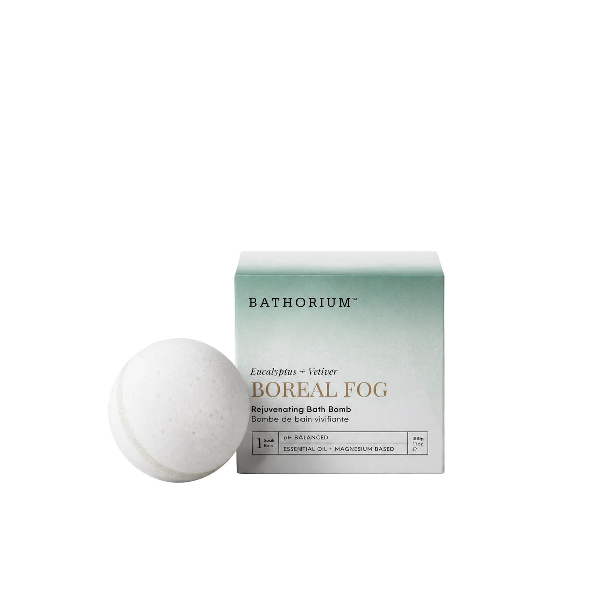 Bath bomb and packaging with 'Bathorium' branding on a white background