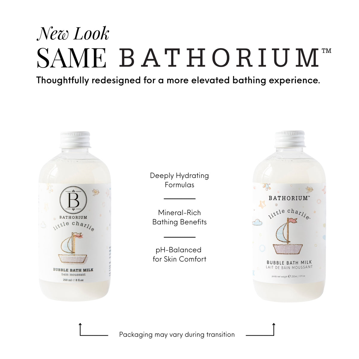 Two bottles of Bathorium bubble bath milk with text about product features on a white background.