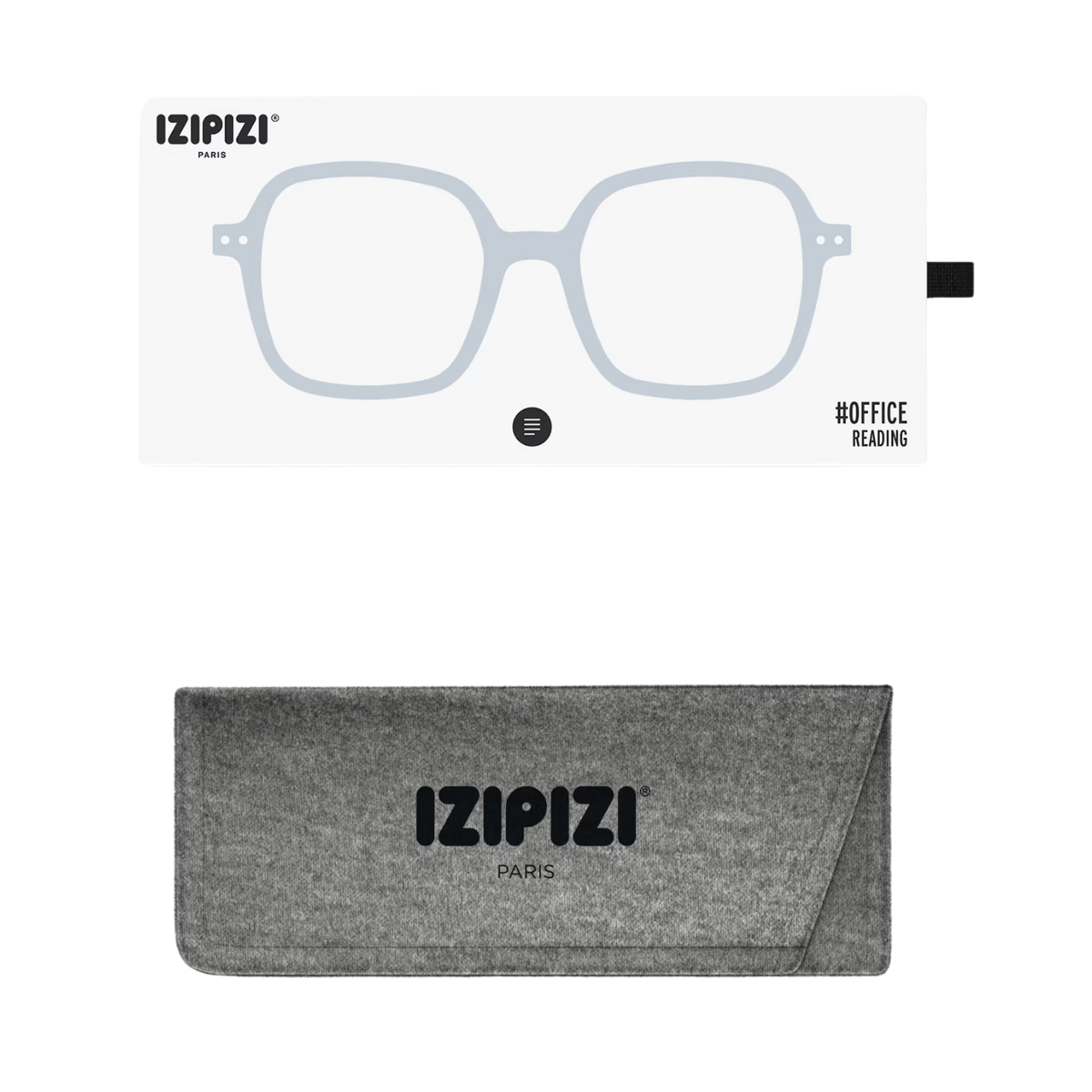 Izipizi eyeglasses with a gray case on a white background