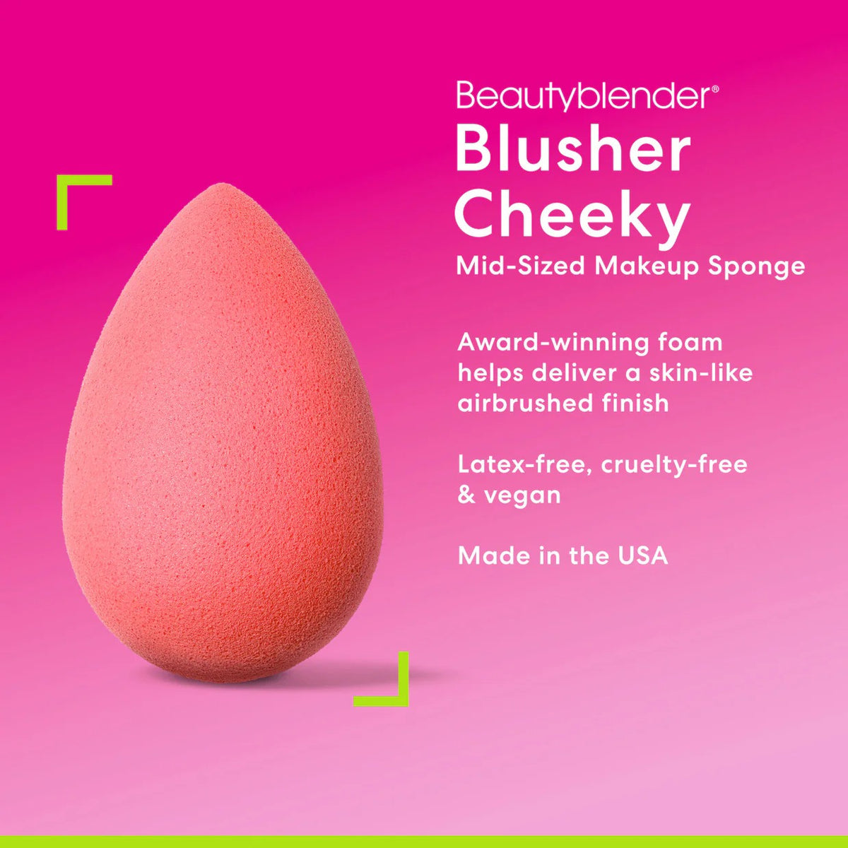 Beautyblender Blusher Cheeky makeup sponge on a pink background with product details.