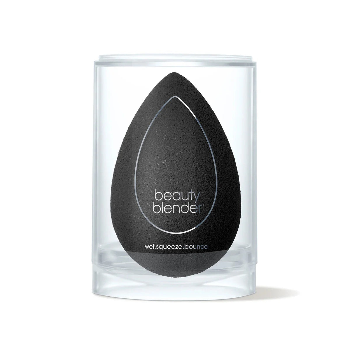 Black beauty blender in a clear container on a white background