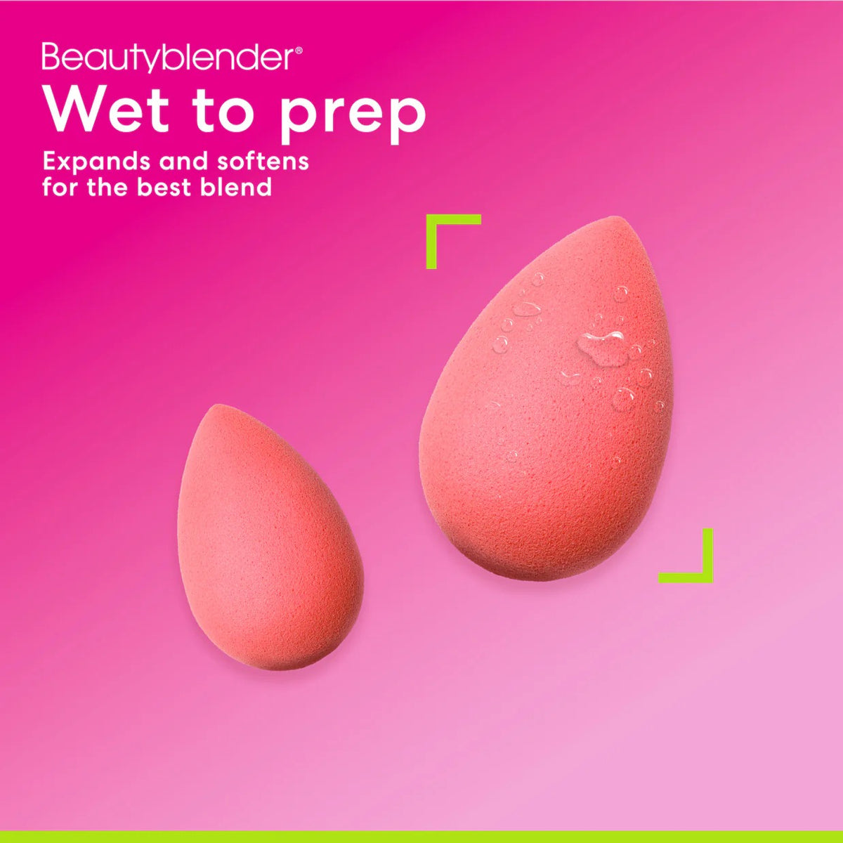 Two Beautyblender sponges on a pink background with text about the product's features.