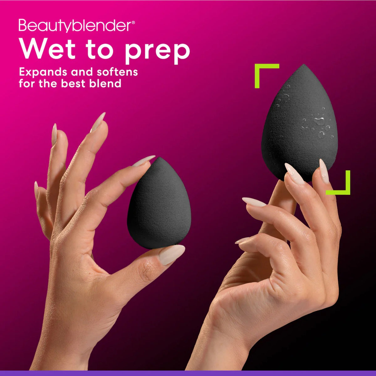 Two black beautyblender products held by hands against a purple background with text about the product's use.
