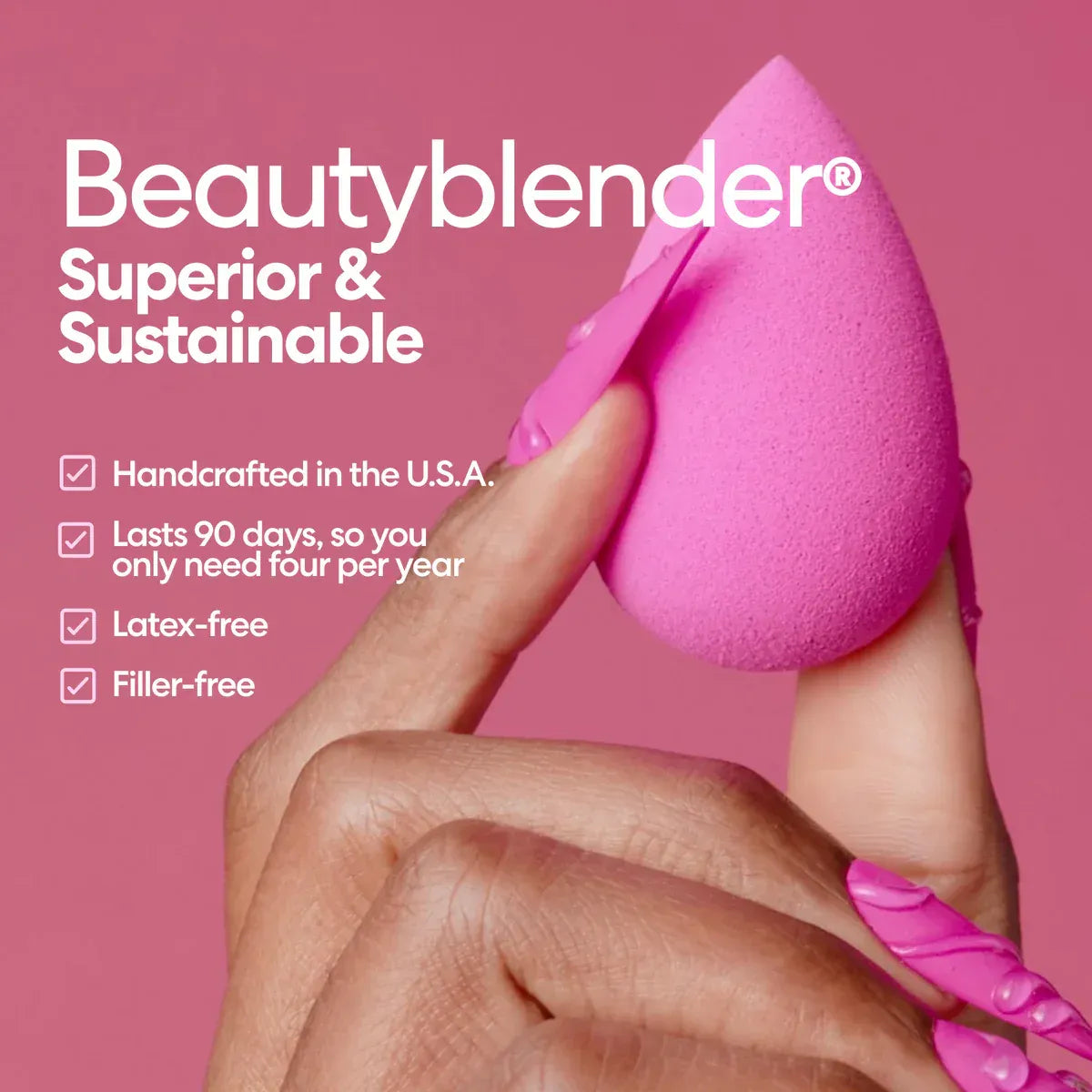Pink beauty blender held by a hand with text highlighting its features on a pink background