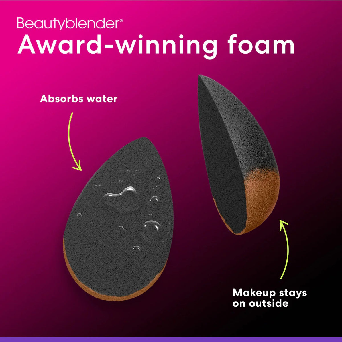 Beautyblender award-winning foam with water absorption and makeup staying on outside features on a purple background.