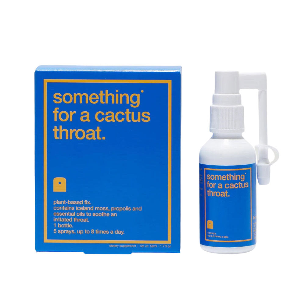Product packaging and bottle for 'something for a cactus throat', a throat relief spray with blue and yellow label design.