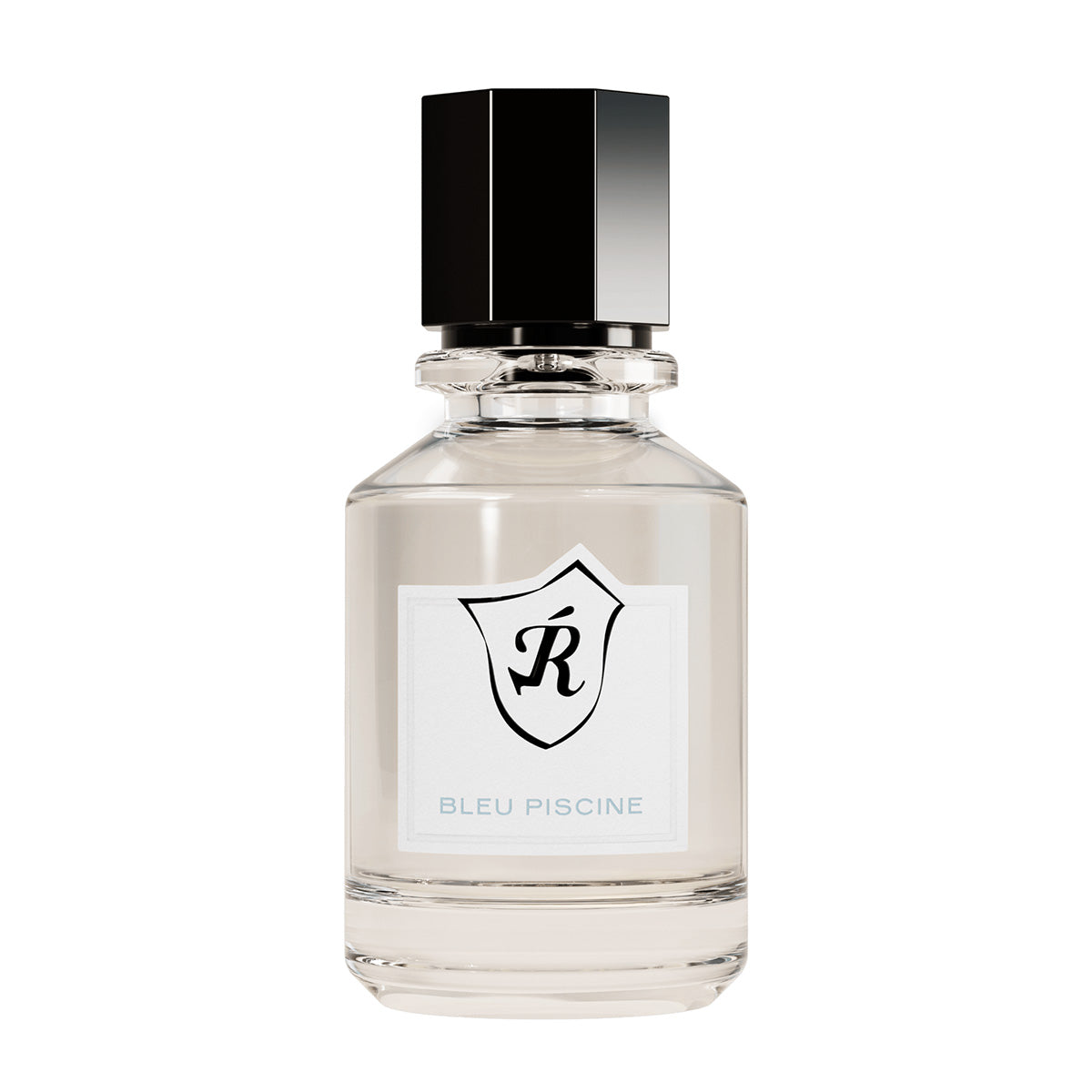 Bleu Piscine perfume bottle with a black cap and white label on a white background