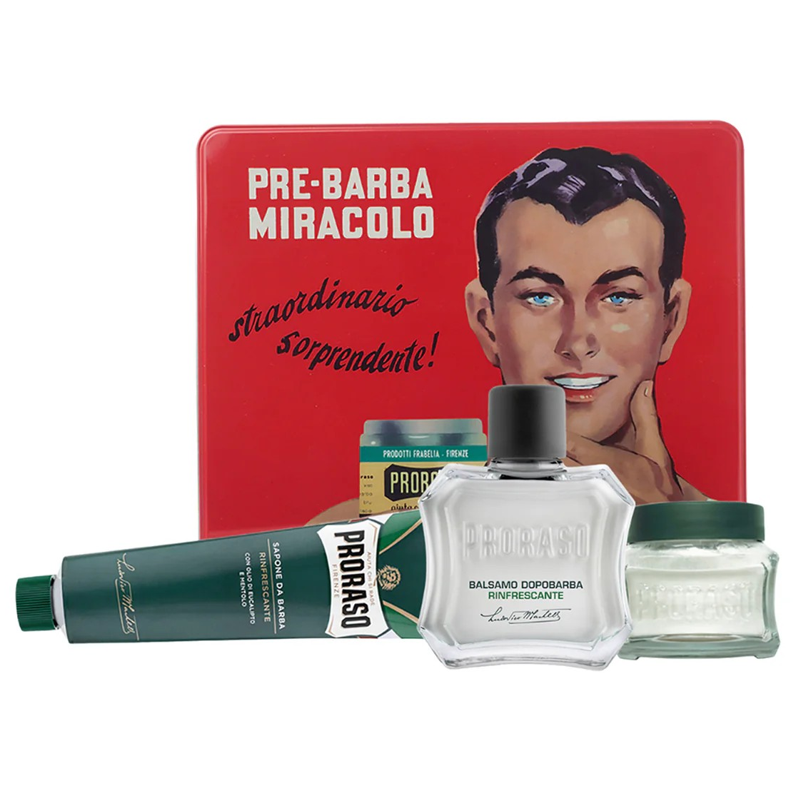 Barber products including a bottle, tube, and jar with a red box featuring a vintage illustration on a white background.