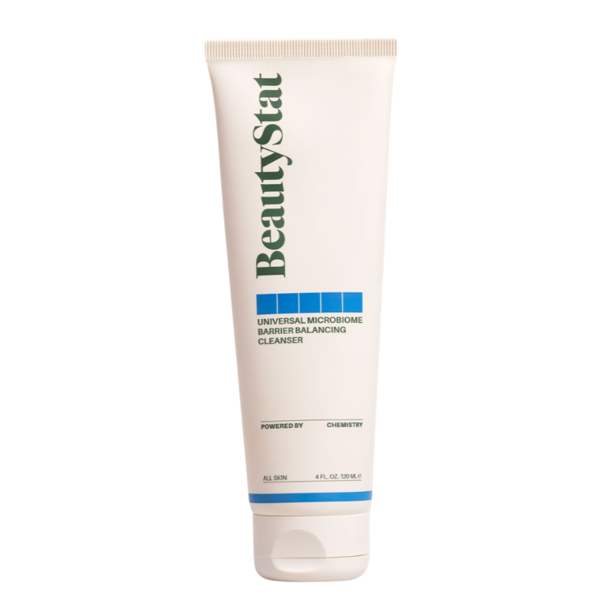 A tube of BeautyStat Microbiome Barrier Repair Purifying Cleanser against a white background.