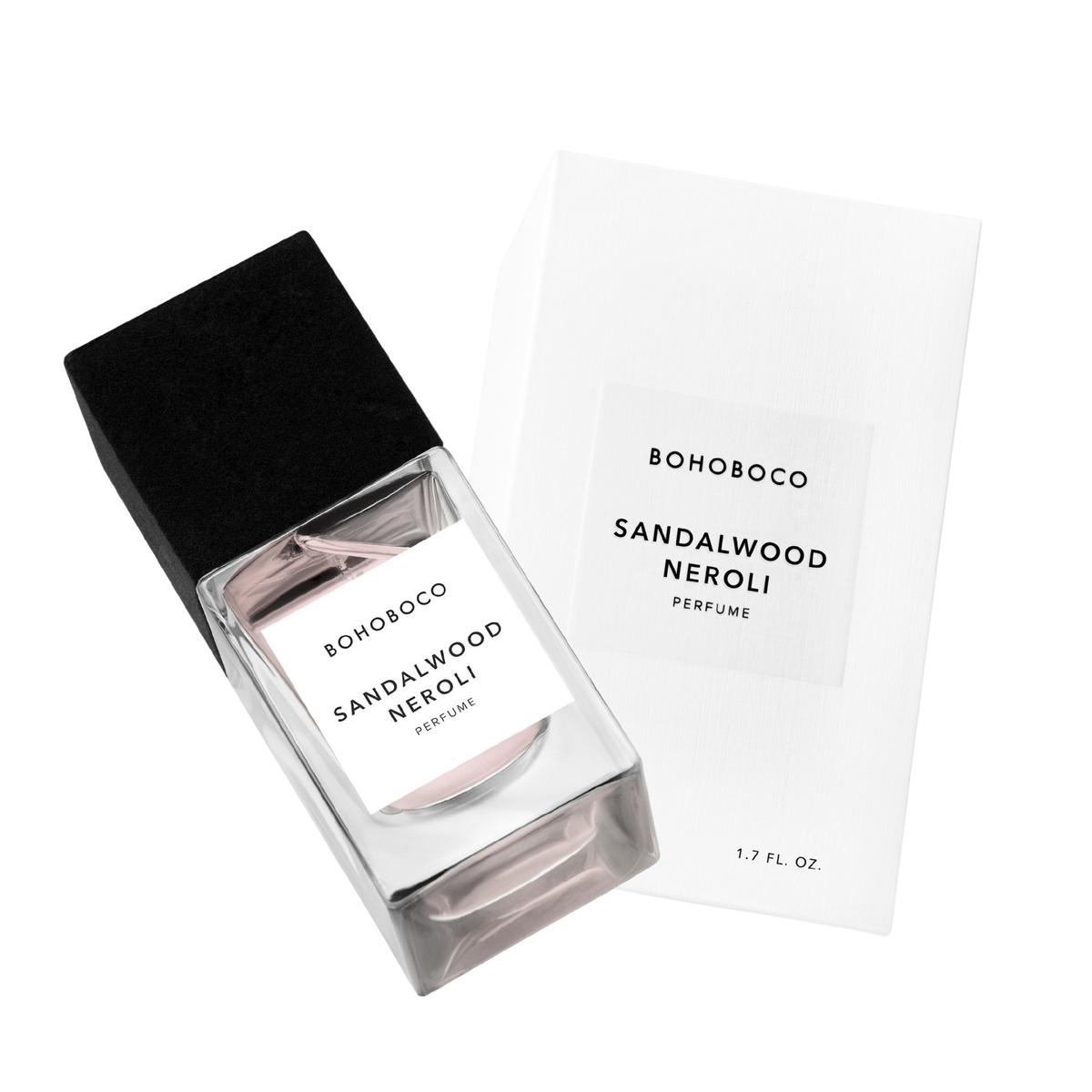Bohoboco Sandalwood Neroli bottle with box on white background.