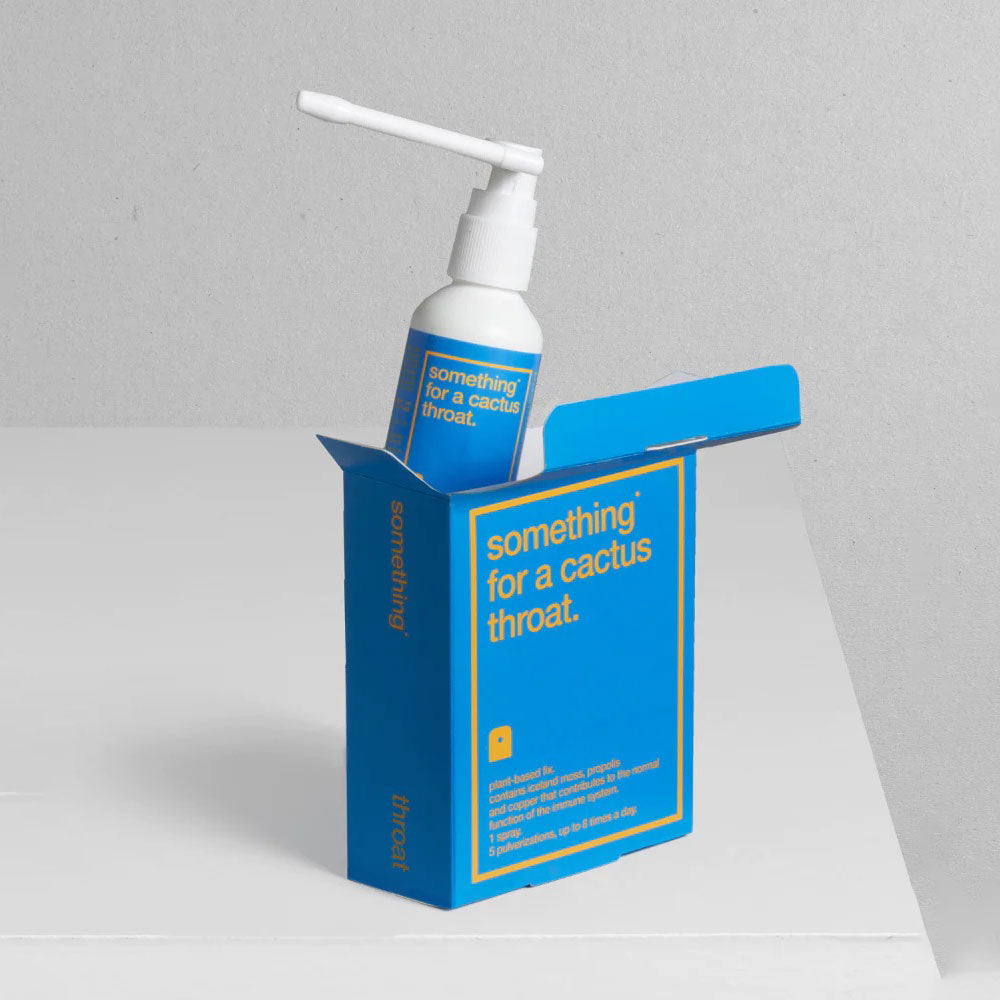bottle for 'something for a cactus throa' coming out of the box