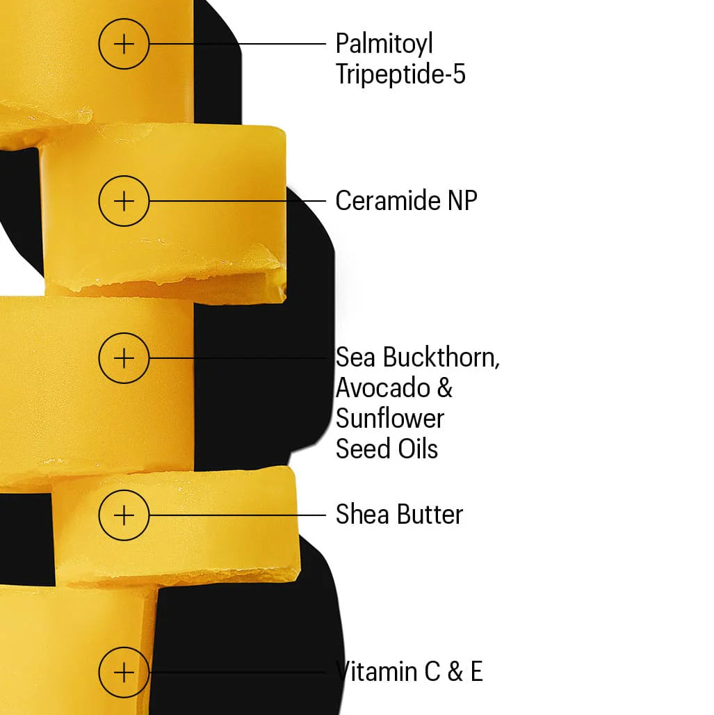 Diagram of a skincare product with labeled ingredients on a white background