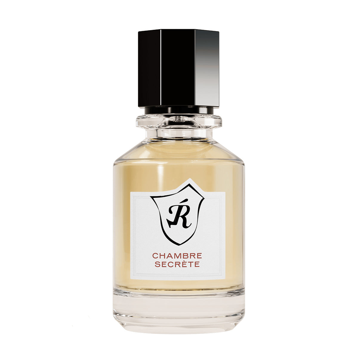 Perfume bottle labeled 'Chambre Secrète' with a black cap on a white background