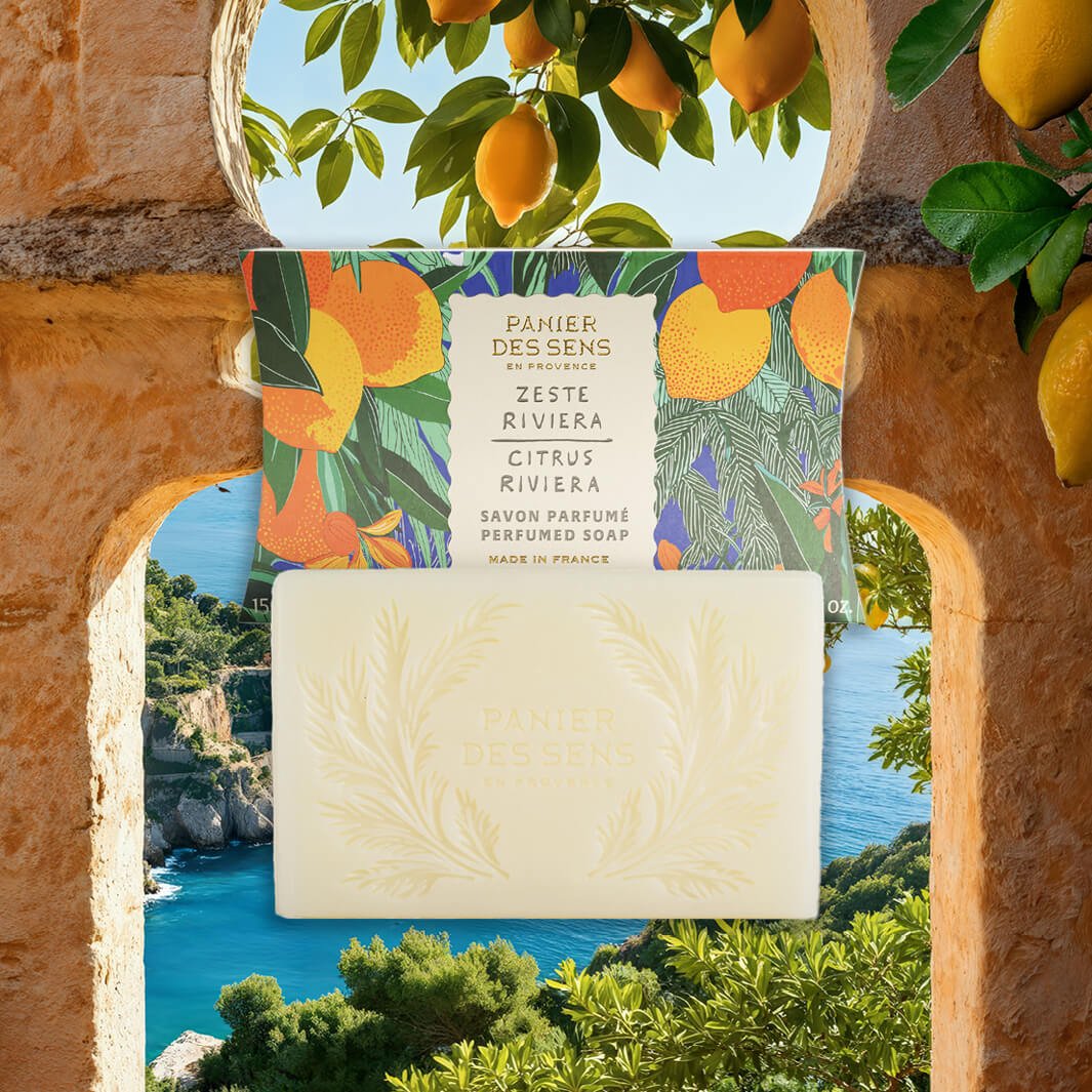 Citrus Riviera Bar of soap with packaging featuring lemons and a scenic background
