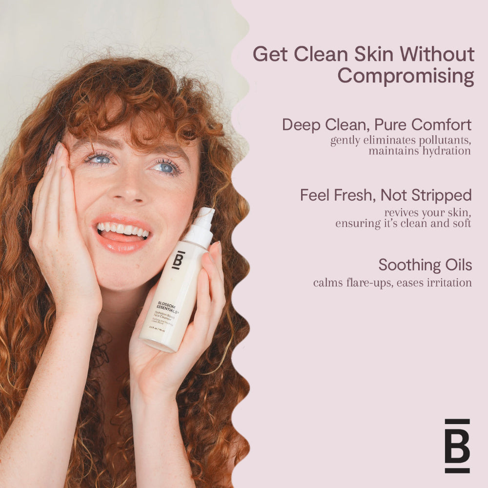 Woman holding a skincare bottle with product features listed on a light background