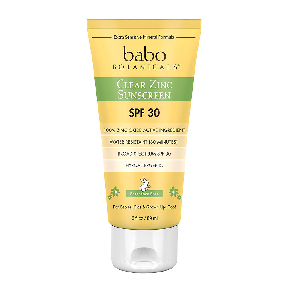Tube of Babo Botanicals Clear Zinc Sunscreen SPF 30, fragrance-free, with yellow and green packaging.