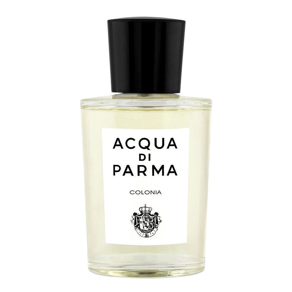 Acqua di parma colonia Cologne bottle.  Clear bottle with white label and black cap. 
