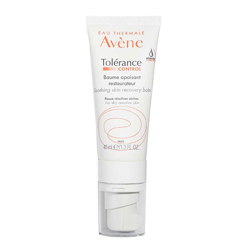 Tube of Avene Tolerance Control Balm with white and orange labeling, designed for soothing and restoring skin.