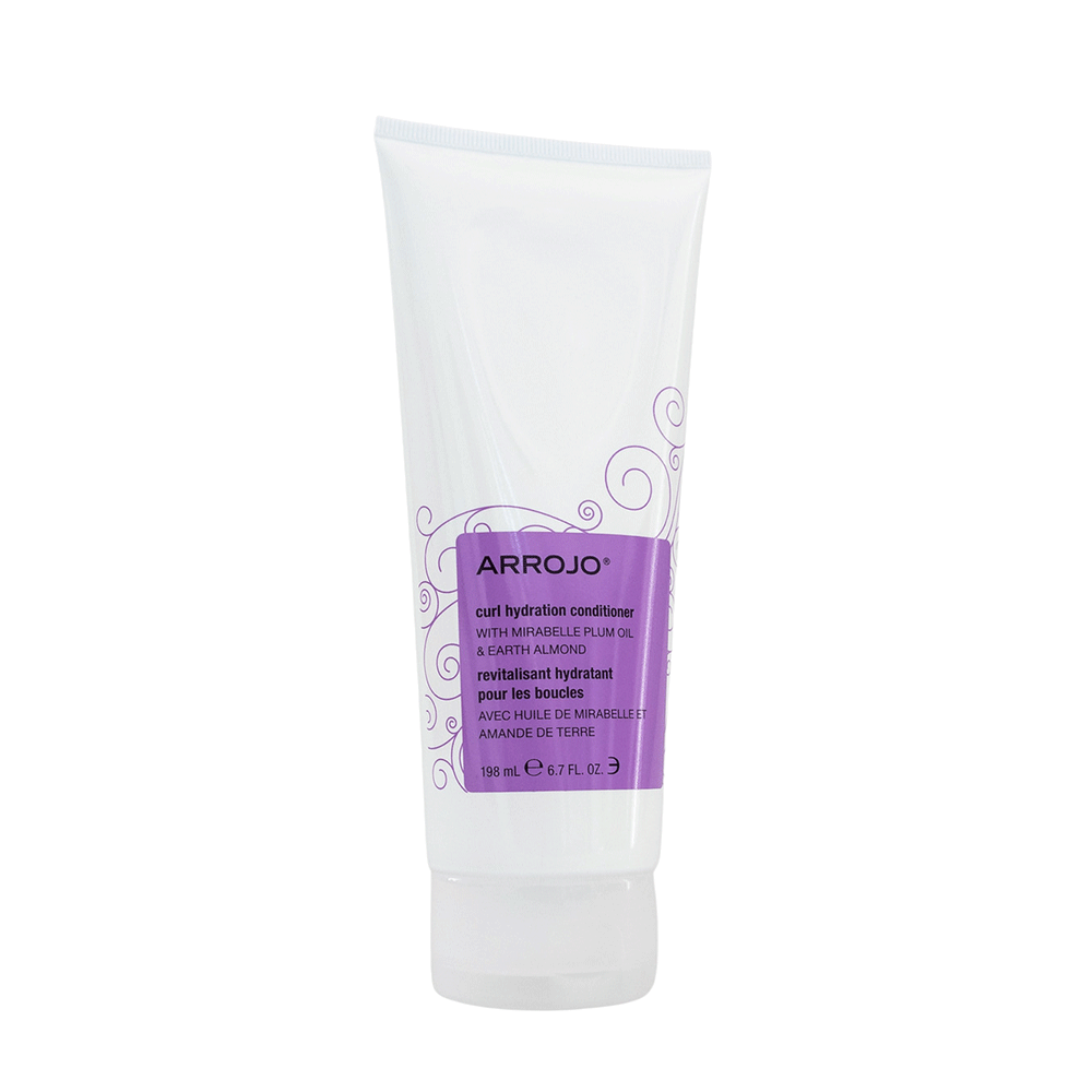 A tube of Arrojo Curl Hydration Conditioner with purple label detailing product benefits and hair type suitability.