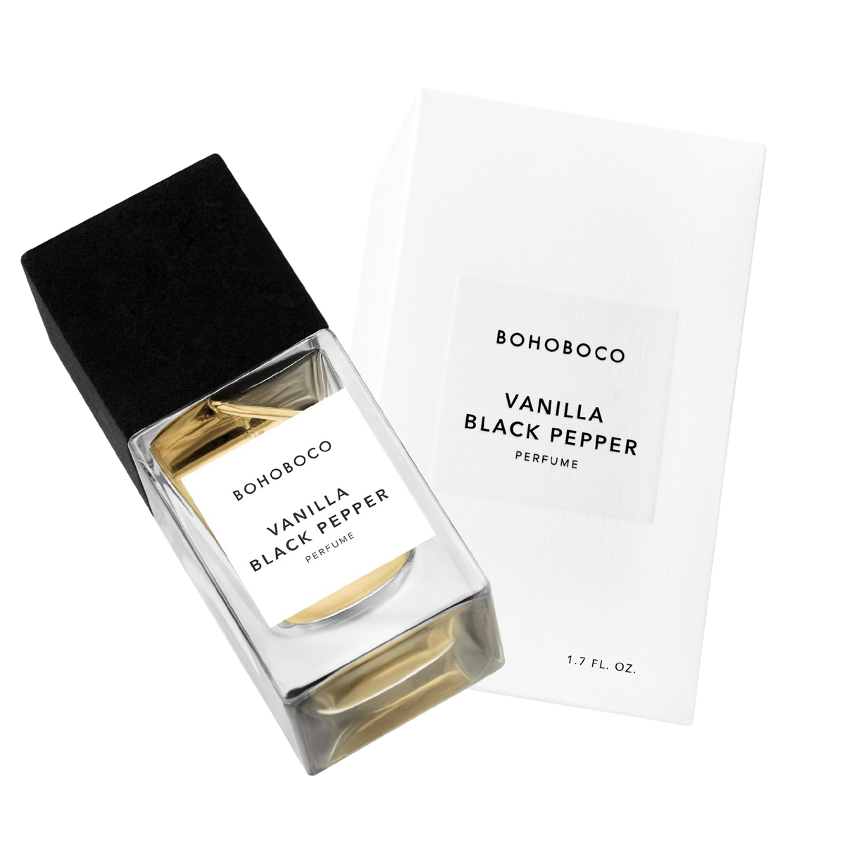 Bohoboco Vanilla Black Pepper Bottle with box on white background.