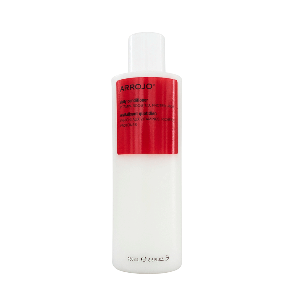 A bottle of Arrojo Daily Conditioner with red label on a white background.