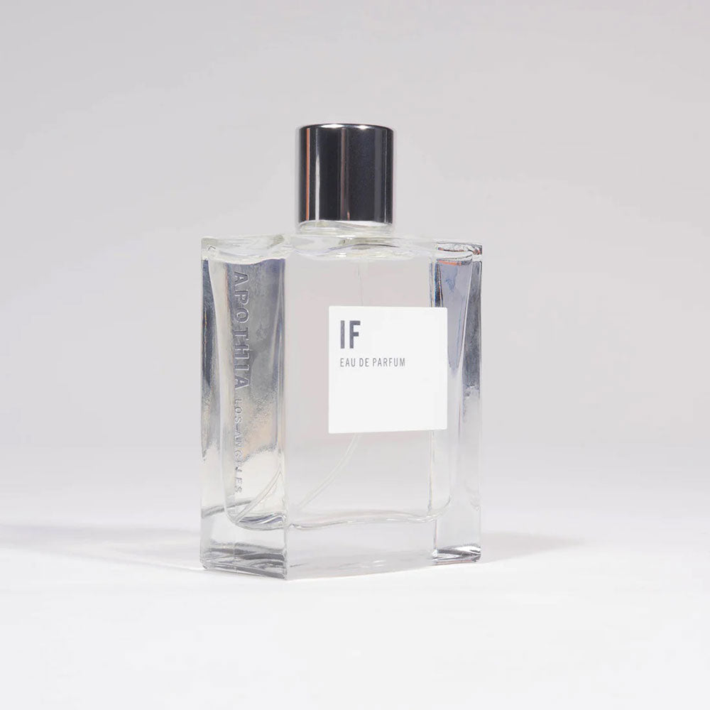 Clear perfume bottle on a white background
