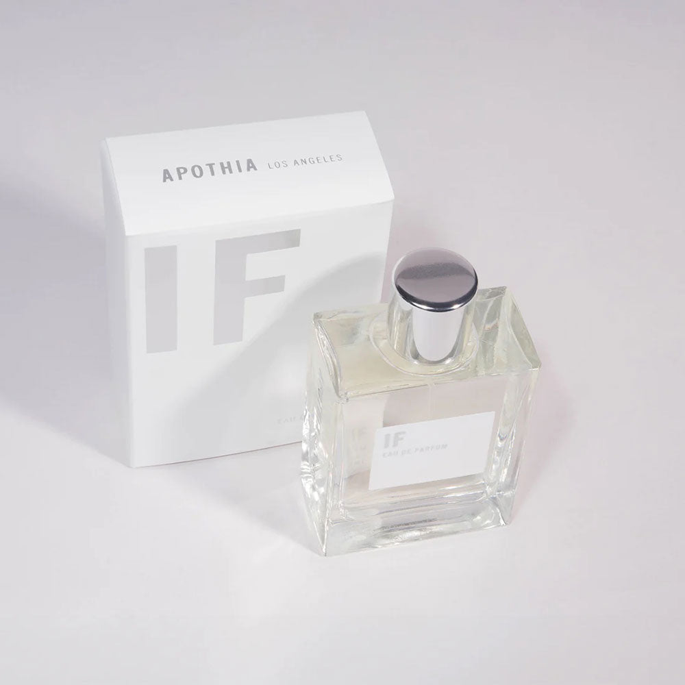 Perfume bottle next to its box on a white background