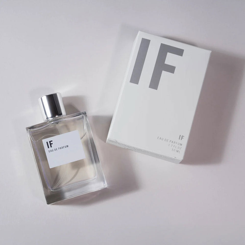 Perfume bottle next to its box on a white background