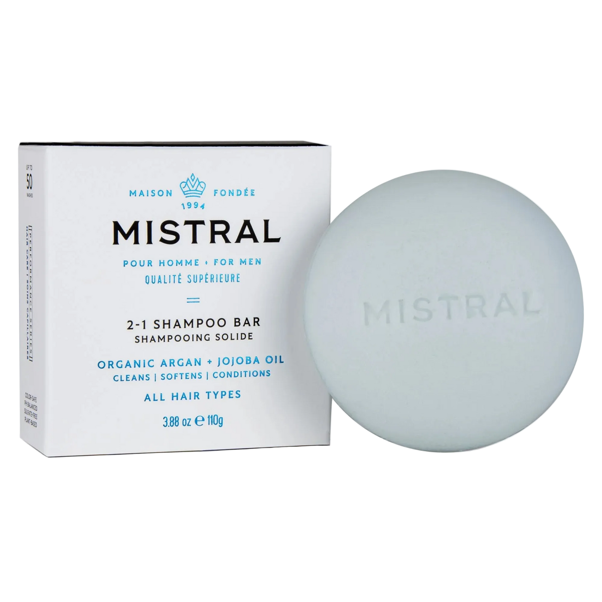 Mistral shampoo bar and packaging on a white background