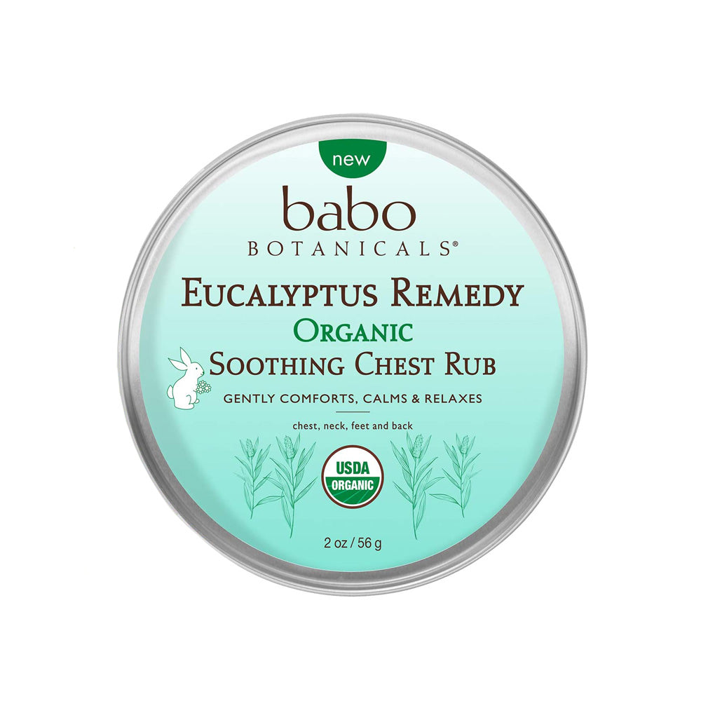 A container of Babo Botanicals Eucalyptus Remedy Soothing Chest Rub with the label displaying organic, soothing and calming properties.