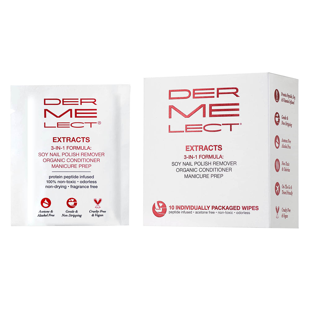 Packaging for Dermelect Extracts 3-in-1 Soy Nail Polish Remover, showing a box and individual wipes with product information.