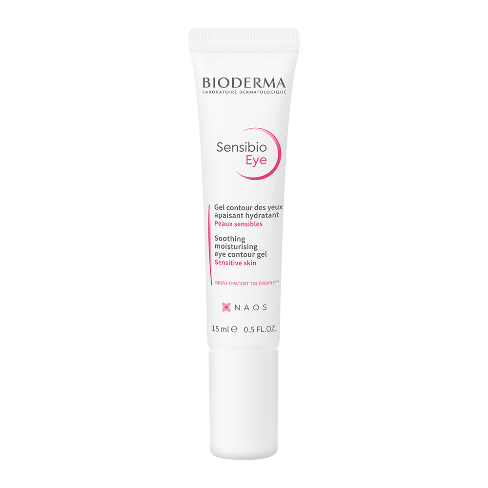 A tube of BIODERMA Sensibio Eye Contour Gel, designed for soothing and moisturizing the eye area.