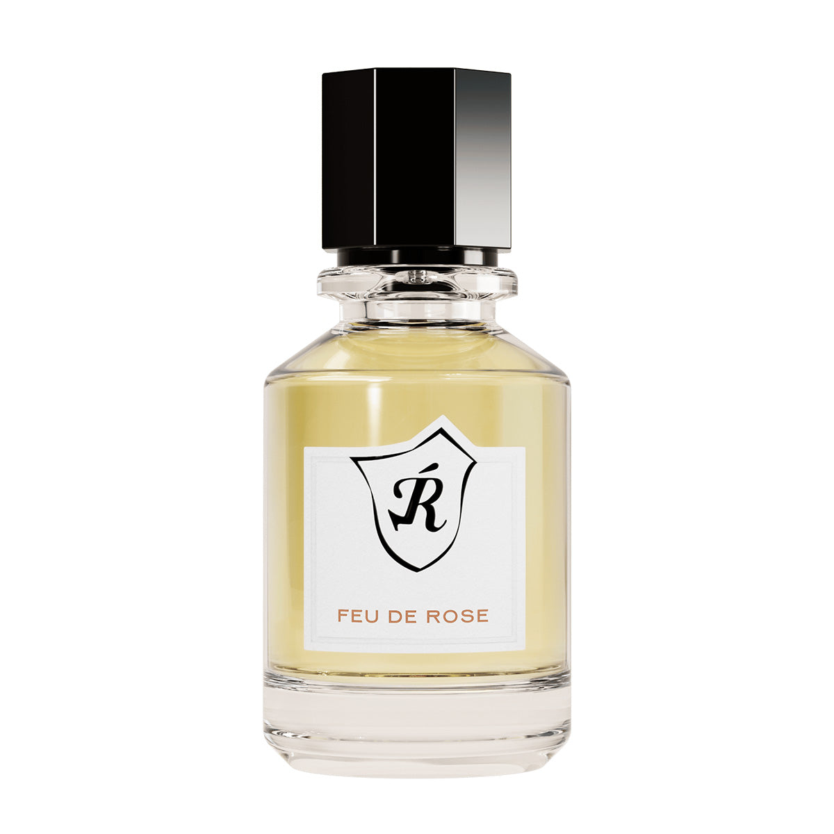 Perfume bottle labeled 'Feu de Rose' with a black cap on a white background