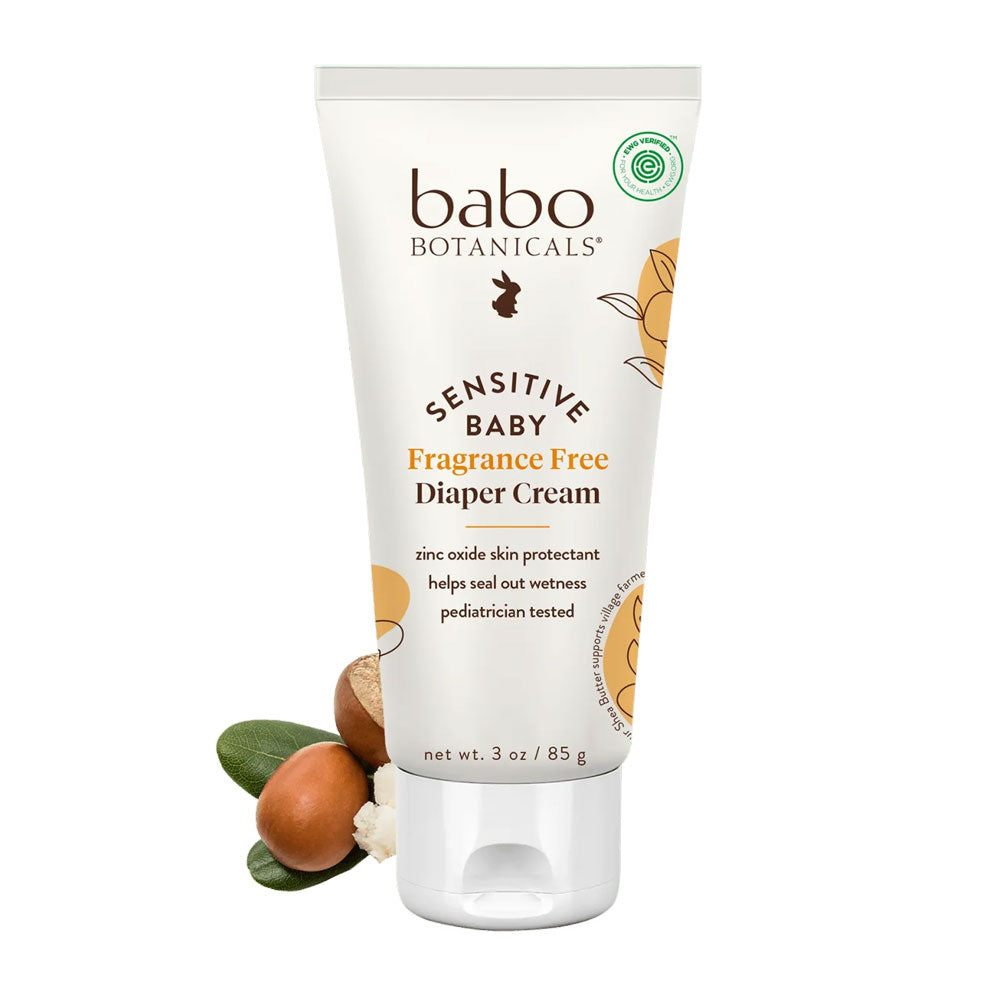 Tube of Babo Botanicals Sensitive Baby Fragrance Free Diaper Cream with illustrations of a bunny on the packaging.