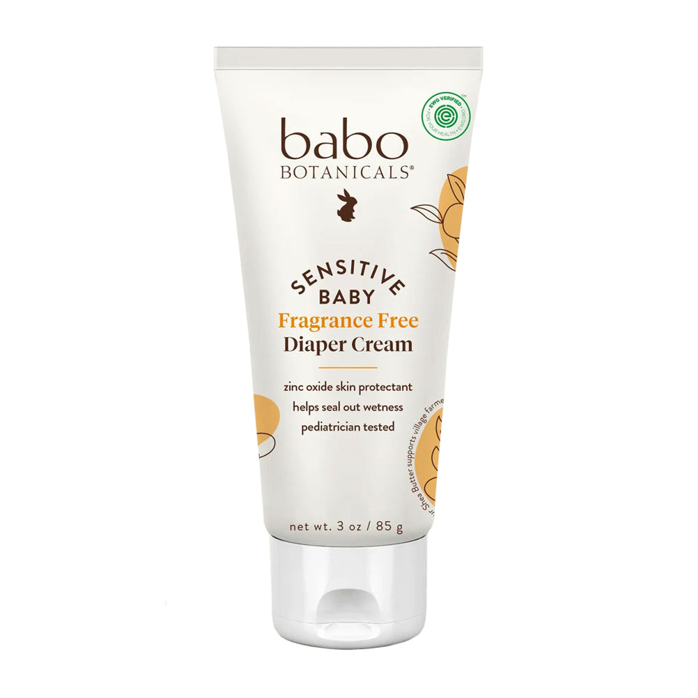 Tube of Babo Botanicals Sensitive Baby Fragrance Free Diaper Cream with illustrations of a bunny on the packaging.