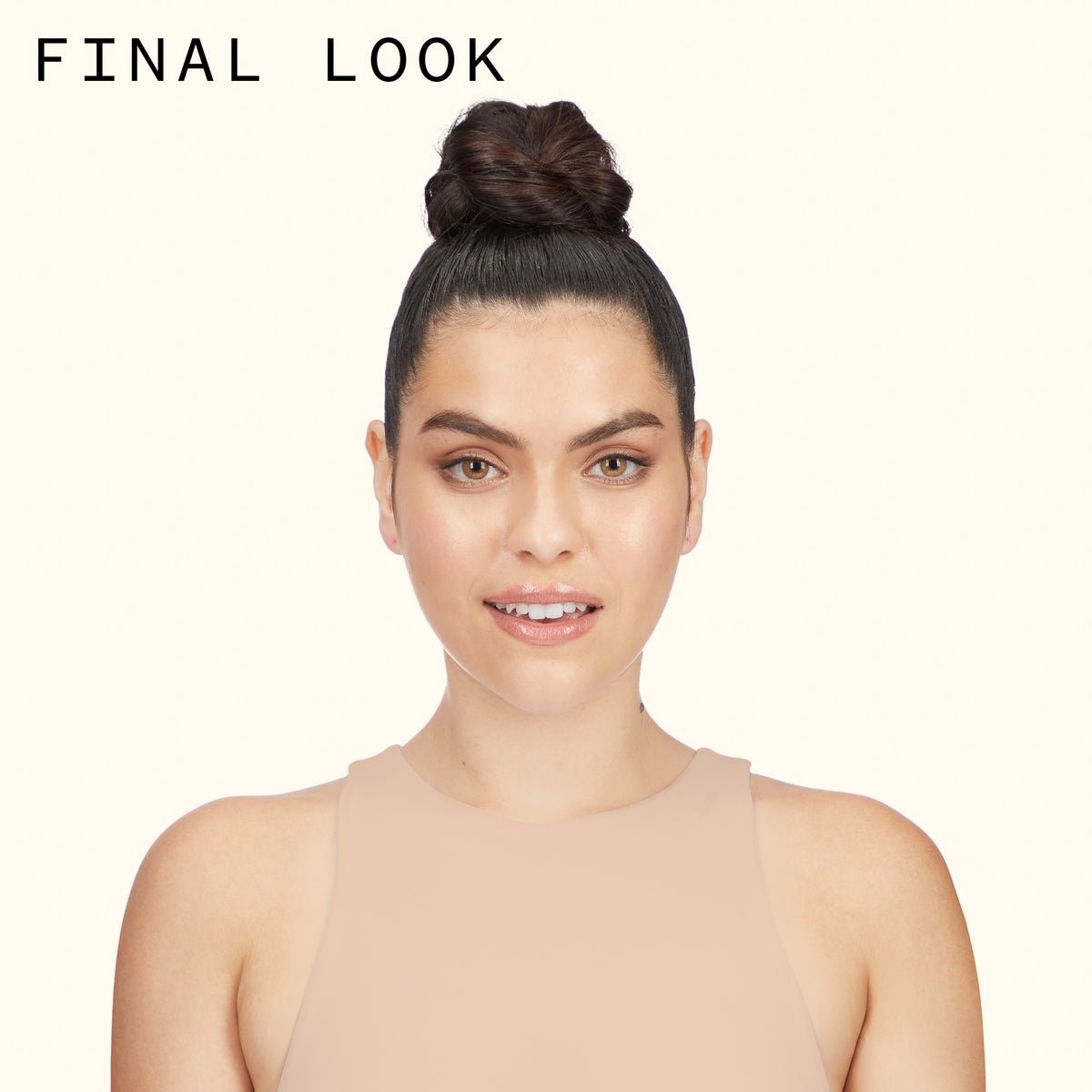 Woman with styled hair on a plain background with 'FINAL LOOK' text.